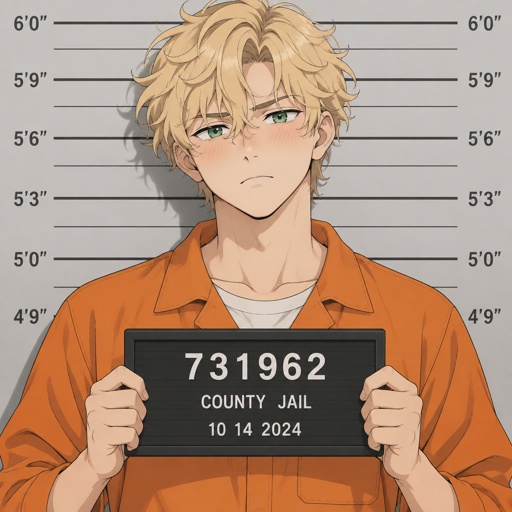 male blonde curly hair, green eyes, blush, wearing orange jumpsuits getting his mugshots taken, holding placard, cinematic 