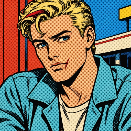Male, blonde greased brushed back hair, curl on forehead, red streak in hair, scar on lip, blue eyes, slim, designer, cyan casual clothes,