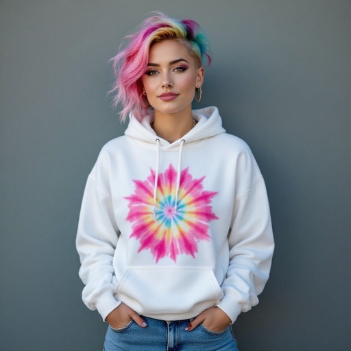 Eccentric non binary 26 year old In jeans a white Hoodie and an pink tye-dye t-shirt