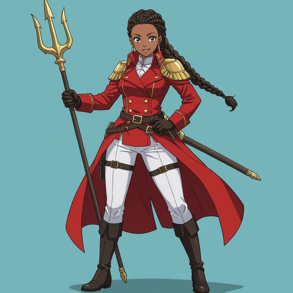 female, human, knight, African American, red double-breasted great coat, braids, thick, chunky, trident, smile, white pants, black boots, belts