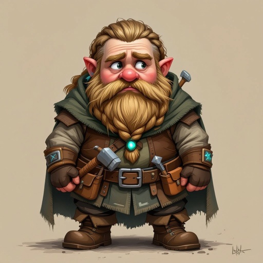 Create a stocky dwarf with a worried face, braided beard tucked into his belt, and straw-tousled hair. Wears a soot-stained cloak over a leather smith’s vest, tool belt with hammer and chisels, heavy boots. Subtle turquoise rune glow from a pebble at his neck,