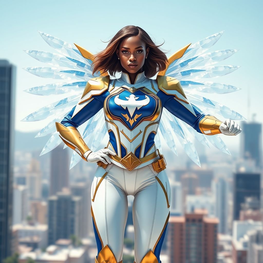 African American female superhero wearing a white gold and blue slightly armored suit with a bird silhouette as her chest emblem with white pants gold boots and large crystal wings with her hair in a shoulder length side part style with light brown highlights in a city during the day