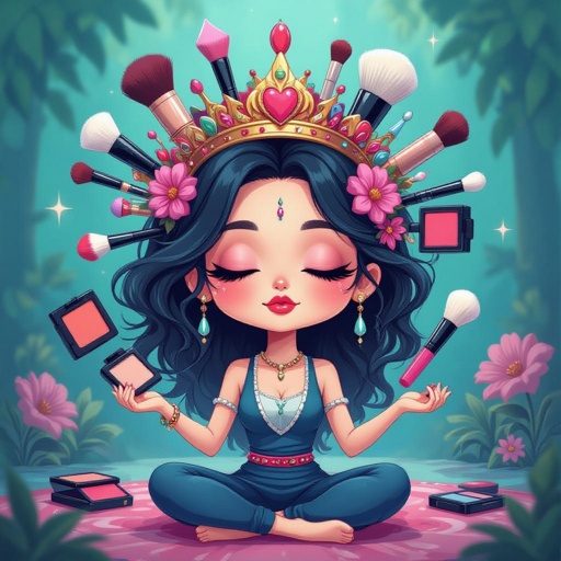 Create a chibi character mid 30’s lady who is the meditating with crown of makeup stuff