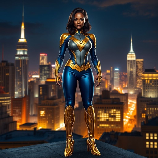 African American female superhero with shoulder length hair in a side part style wearing a gold grey and blue suit with blue pants and gold boots with a stylized V as her chest emblem standing ona roof in a Philadelphia at night