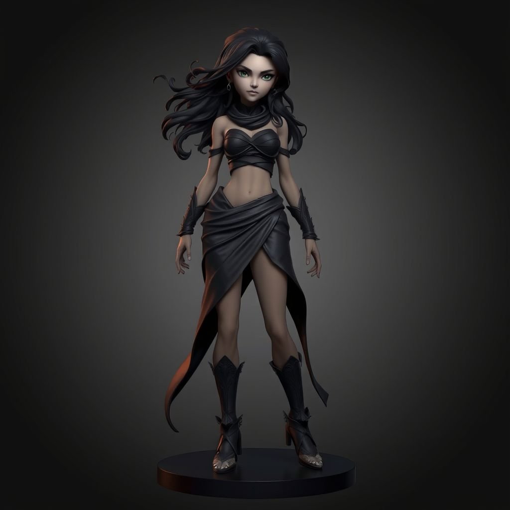 Create character hero Veyra of Shadows – A lithe, mysterious woman draped in layered black silks that move like smoke around her. With jet-black hair. Show her whole body head to toe including her shoes.