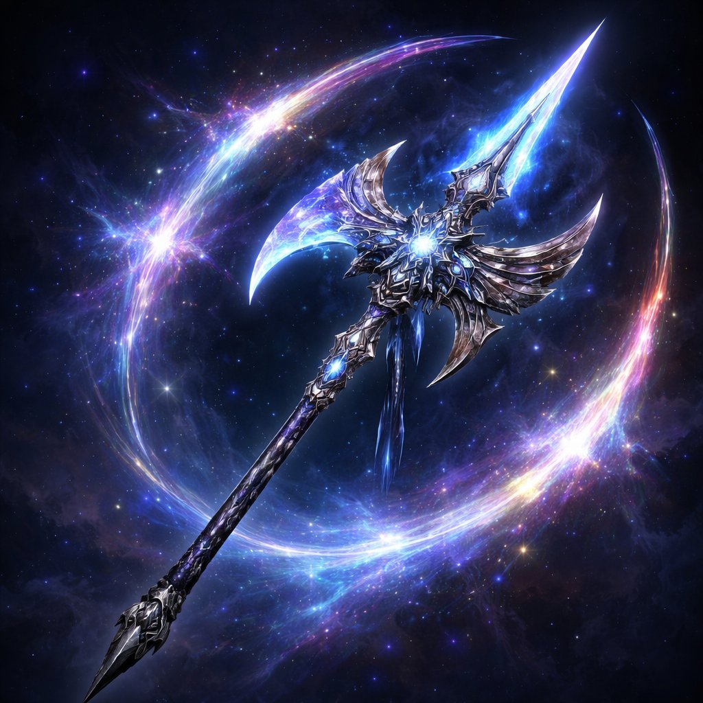 une arme céleste unique, forgée dans le creuset des âges et des dimensions : l’Égide d’Éon. L’Égide d’Éon est une hallebarde d’une beauté surnaturelle, dont le manche est sculpté dans un métal inconnu, brillant comme mille étoiles. Sa pointe est une lame d’énergie pure, capable de transpercer non seulement la matière, mais aussi le tissu même de l’espace-temps. Lorsque l’arme est brandie, elle émet un halo d’énergie cosmique, vibrant au rythme des éons passés et futurs. Son histoire légendaire commence lors de la convergence des temps, un événement où tous les êtres, connus et inconnus, de toutes les époques, furent rassemblés par une force mystérieuse. C’est alors qu’un forgeron divin, maître des dimensions, façonna l’Égide d’Éon en utilisant les fragments d’astres disparus et les éclats des réalités effondrées. L’arme fut donnée à un gardien élu, chargé de maintenir l’équilibre entre les mondes et de déchirer les anomalies temporelles menaçant l’existence. On raconte que l’Égide d’Éon peut ouvrir des portails vers des époques oubliées ou futures, mais aussi sceller des failles temporelles avant qu’elles ne détruisent la réalité. Son pouvoir est incommensurable, mais elle ne peut être maniée que par celui dont l’âme est en harmonie avec le flux du temps, un être capable de comprendre que chaque instant est à la fois un passé, un présent et un avenir. Cette arme céleste symbolise la maîtrise du temps et de l’espace, une légende gravée dans le cœur des univers mêlés.
