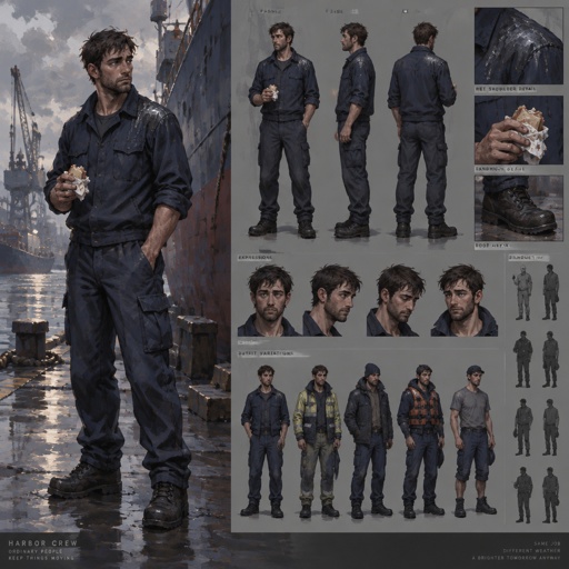 Full body, with multiple variations of Modern Navy man, work clothes, one shoulder wet at the seam, crushed sandwich. Will not look at the hull. Ordinary. The extraordinary is what he saw. Fortiche painted, harbor weather.