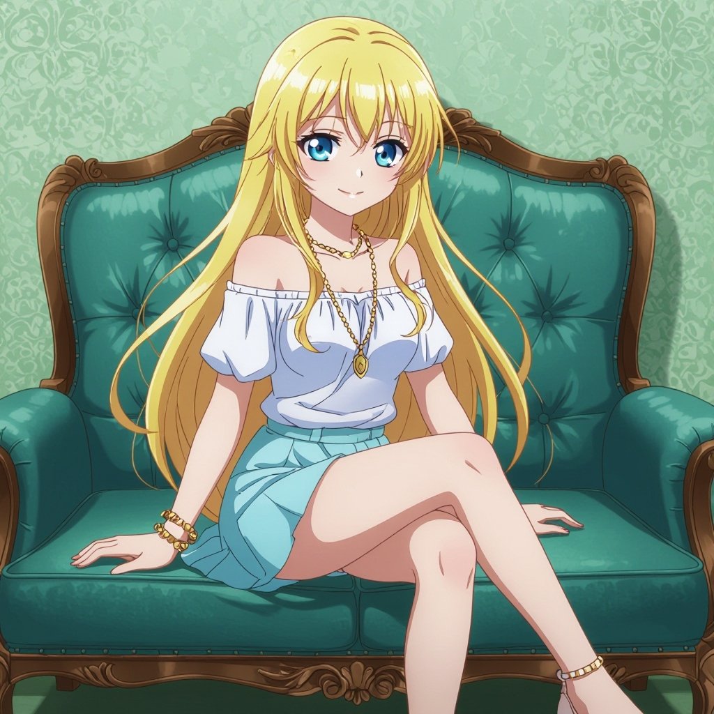 Long blonde hair. Light blue eyes. White gypsy shirt. Gold necklace and bracelet. Light blue skirt. Heels. 13 years old. Rich girl. Mean smile