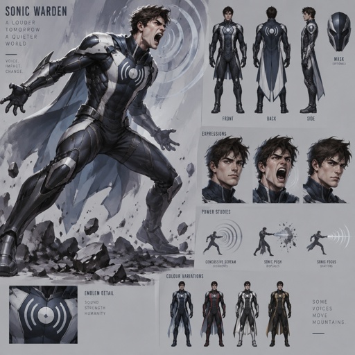 Male Superhero with enhanced scream abilities, cool costume