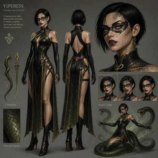 Female villain with snake powers, cool costume, eye mask, fangs, scales, Asian, short hair, multiple of the same character 