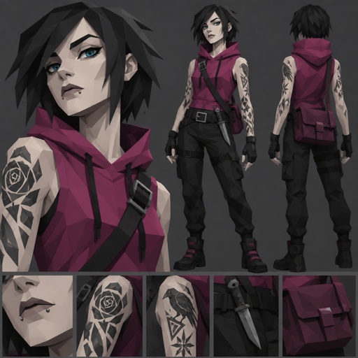 Female, jagged hair cut, neck length, black and white, two lip piercings, blue eyes, magenta sleeveless hoodie, dark magenta satchel, belt with knife attached, gloves, tattoos on both arms