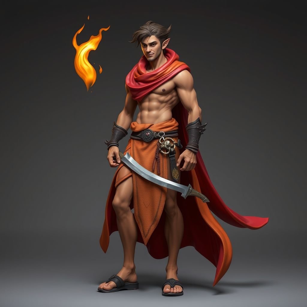 Create handsome hero  name Rhen the Fire – A lean, muscular man. He wears layered, flowing desert robes dyed in warm reds and golds, with scorch marks where flames have licked them. A curved blade hangs at his hip.  Show whole body head to toe including her shoes.