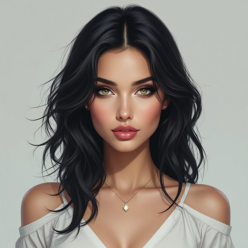 Show character head to toe. Create mysterious woman jet-black hair is cut sharpand her eyes seem to pierce through darkness. A shadowy aura clings to her form,