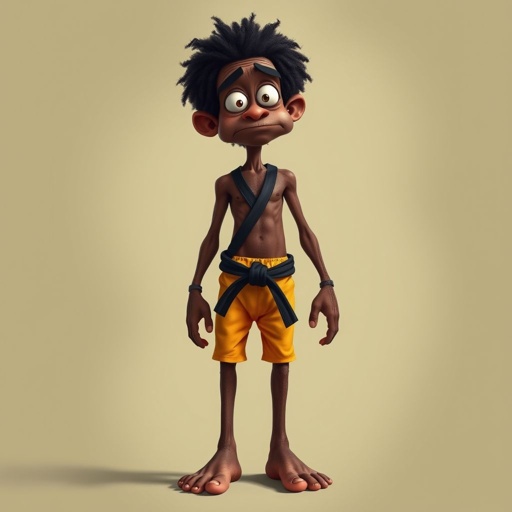 Create a character who looks like a funny African karate guy who doesn’t have a clue what he is doing. Make him have weird toes, only speedos on and a black karate belt. Make him tal skinny and slinky.