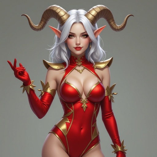 White Skinned Silver Haired Tiefling Jester in a Red and Gold skin tight jester bodysuit. She has light silver brown horns and it’s a full body render. Alluring pose
