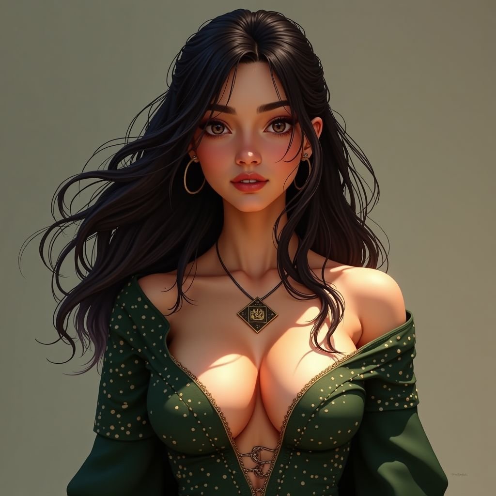 A full-body semi-realistic fantasy illustration of Mythanna Junedae, a High Elf Wizard of Abjuration, standing in a grand enchanted library as if preparing for battle. Towering shelves and glowing lanterns line the hall, but tomes and scrolls now float wildly around her in midair. 

Mythanna’s stance is strong and commanding: legs planted apart, stockings and shin-high rune-stitched boots clearly visible. She holds her glowing Wand of Magic Missiles raised in one hand, and her other hand traces a circle of luminous abjuration runes in the air. Wards flare around her in golden light, forming protective circles and glowing shields. 

Her appearance: 
- Face and hair inspired by Barbara Palvin — soft but determined, brunette waves flowing with magical wind. 
- White blouse with long sleeves, dramatic black bow tie, snug rune-stitched corset band. 
- High-waisted skirt with bold black-and-white polka dots, sleek and fitted, cut mid-thigh. 
- Dark stockings stopping just below the hem, leaving a teasing strip of bare thigh visible. 
- Shin-high rune-stitched boots. 

Signature items: 
- **Hat of Wizardry** — tall, tilted, subtly patterned with arcane polka-dots, glowing runes swirling around it. 
- **Pearl of Power** — glowing jewel at her throat beneath the bow tie. 
- **Wand of Magic Missiles** — held aloft in one hand, glowing brightly as arcane missiles orbit it. 

Her expression is no longer coy but fierce, her abjurist power on full display. The mood is dramatic fantasy: playful parody aesthetic still intact, but with genuine magical authority radiating through the glowing wards and floating tomes.

SEXY BRUNETTE 
More cleavage shown

