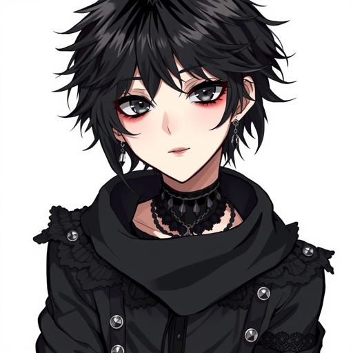 Create a teenage goth boy who has black hair, black eyes, pale skin and his attire is black.