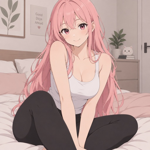 CREATE AN ANIME GIRL WITH LONG PINK HAIR,WHITE TANK TOP,BLACK LEGGINGS