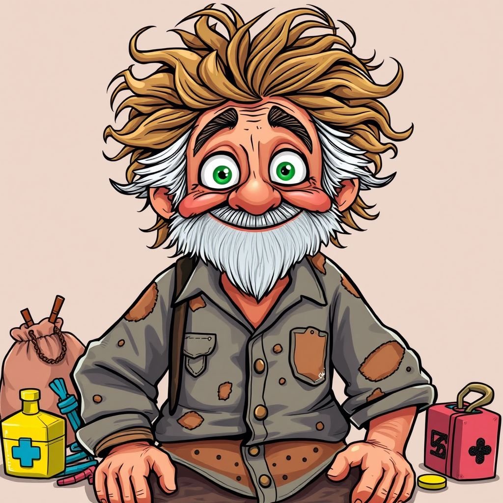 Homeless man with holes on shirt and messy hair 