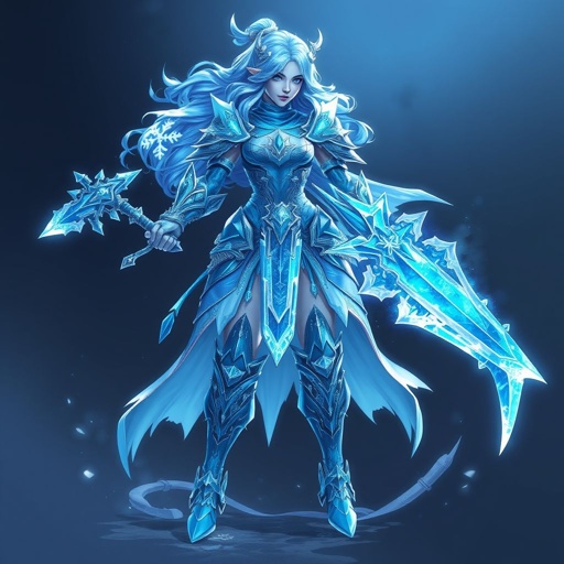 Create a battle woman hero called Alvara the Frostheart. Show full body head to toe including shoes