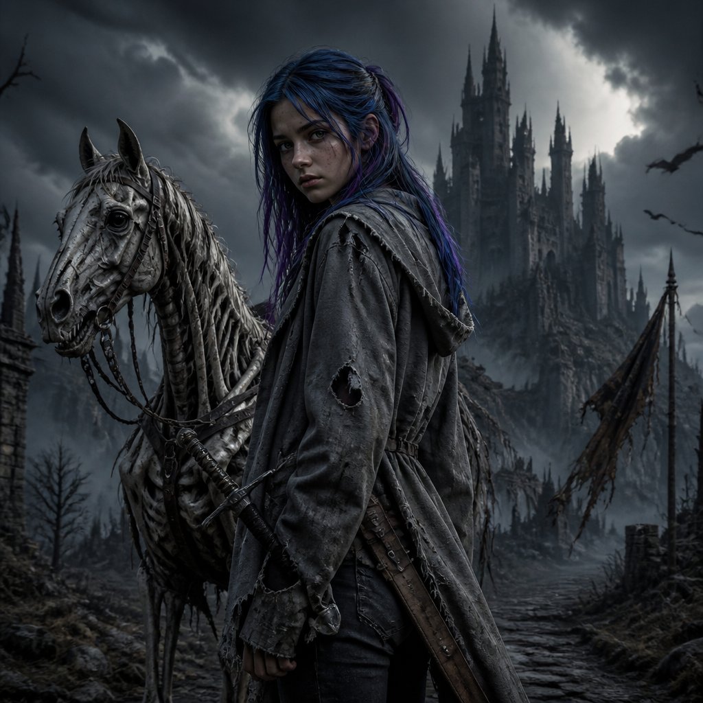 A 17 year old girl who has blue hair with purple and blue stripes and hazel eyes. She is wearing a gray jacket and black pants. A sword is at her side in a sheath. She hand in front of a white horse. She stands in front of a big gray castle.