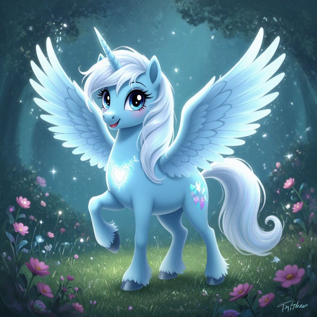 A light bleu my Little Pony pegase with a white mane and tail and a glowing cutie Mark