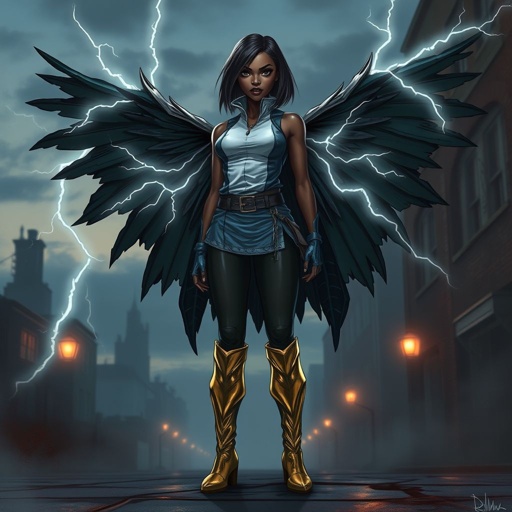 African American female superhero with shoulder length hair in a side part style and wings made of white lightning wearing a slightly homemade white blue and black suit with black pants with a stylized V as her chest emblem wearing blue flat boots made of gold standing in Philadelphia at dusk