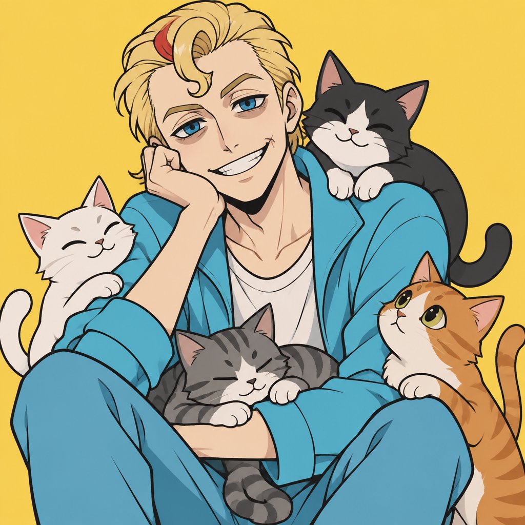 Male, blonde greased brushed back hair, curl on forehead, red streak in hair, scar on lip, blue eyes, eye bags, happy, slim, designer, cyan casual clothes, multiple cats