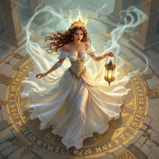 top view, battle map view, aerial view, woman, fancy dress, crown, holding a lantern