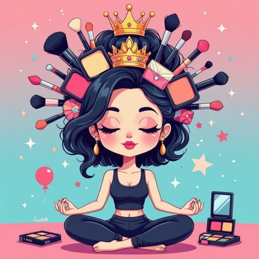 Create a chibi character mid 30’s lady who is the meditating with crown of makeup stuff