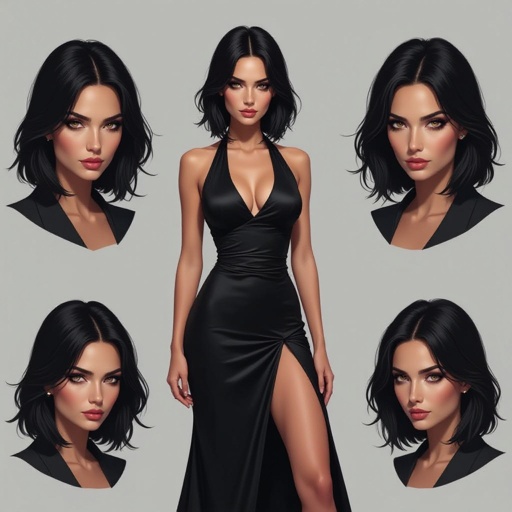 Show character head to toe. Create a mid age mysterious woman jet-black hair is cut sharpand her eyes seem to pierce through darkness. A shadowy aura clings to her form,