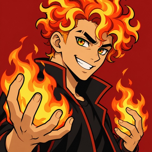 Male,yellow orange and red curly hair,hair looks like fire,grinning, right eyebrow shaved in middle, green eyes,has fire powers,eye colors are yellow orange and red fire 