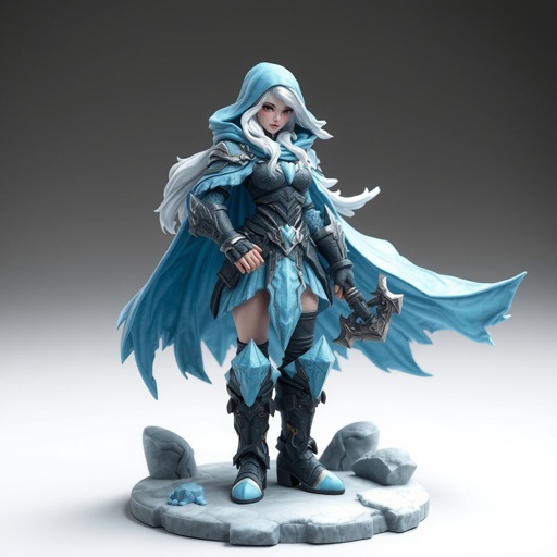 Create a battle woman hero called Alvara the Frostheart. Show full body head to toe including shoes