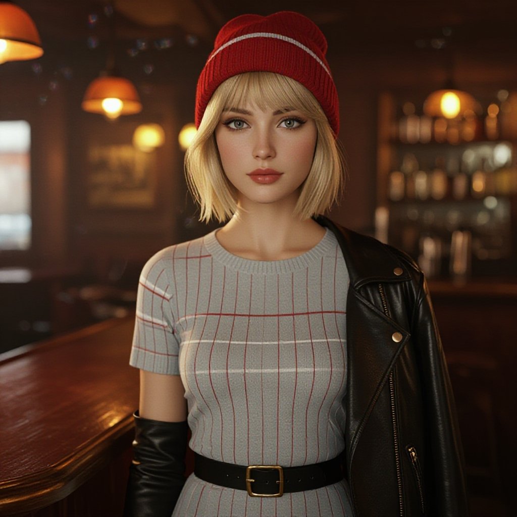 A semi-realistic, cinematic portrait of a young woman standing in a softly lit bar. She has a short blonde bob and expressive eyes beneath a red beanie with a thin horizontal white stripe. Her outfit features a light gray mini-dress patterned with thin vertical red and white stripes, cinched at the waist with a black belt and gold buckle. A black leather jacket hangs loosely off her shoulders, and she wears tall black boots. The warm bar lighting casts soft amber tones over wooden shelves lined with bottles, creating a cozy yet confident nighttime atmosphere that highlights her stylish poise.