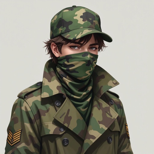 Military teen, camo mask, camo cap, camo trench coat