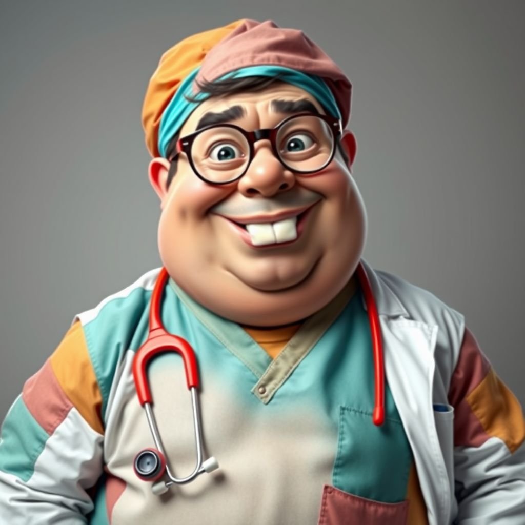 .. create a fat doctor. Who is funny human looking from head to toe. And he always immediately results to surgery for anything even small things. So please be sure to show his whole outfit head to toe. Make him have 1 tooth. Make it more adult humor instead of cartoon humor.