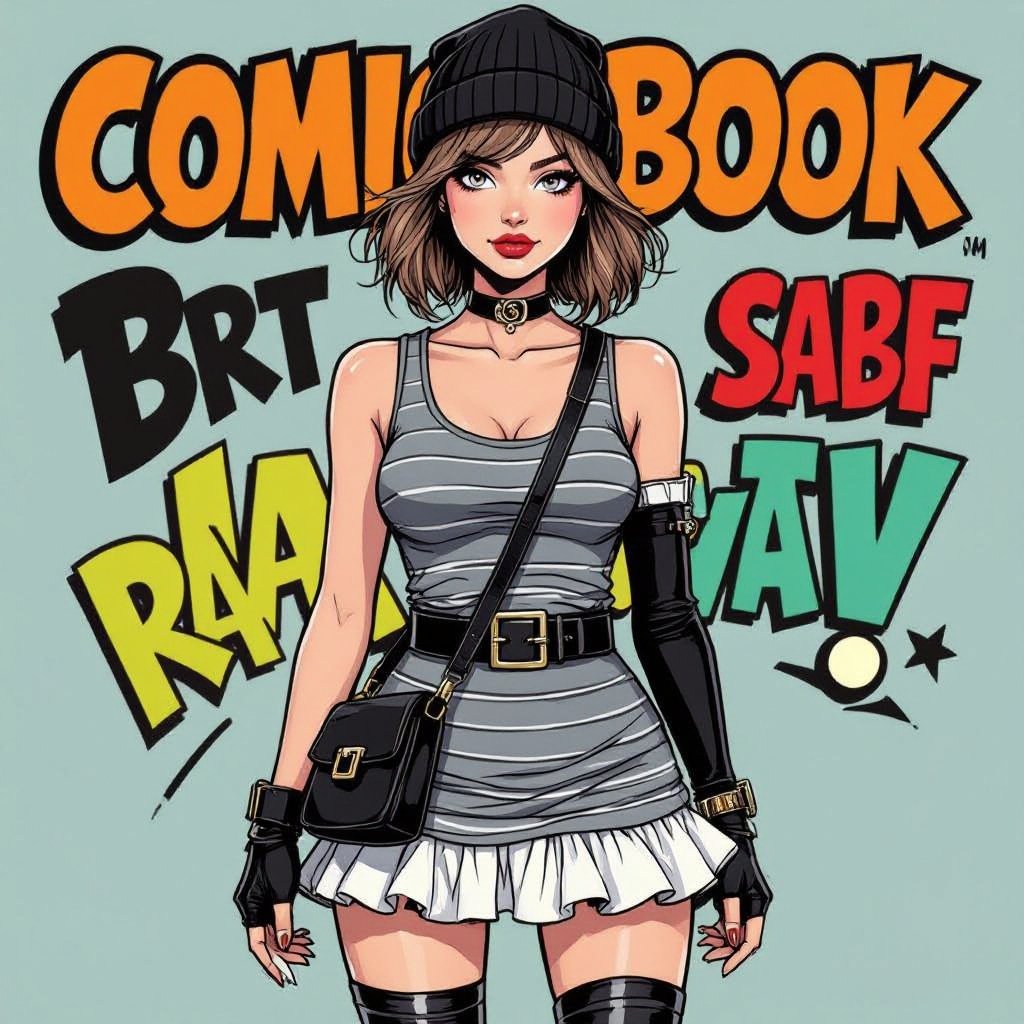 Light Brown Short Hair Babe Striped gray tank dress with white ruffled mini-skirt, thigh-high socks, chunky black buckle boots, black beanie, and cross-body bag — casual goth-punk streetwear.