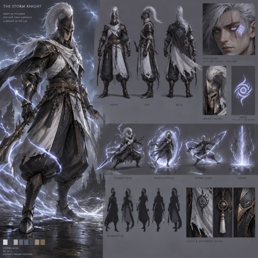 lightning knight, plume helmet, grey hair, eye of the storm mark, baggy pants, scar eye, teleportation ability, storm creation