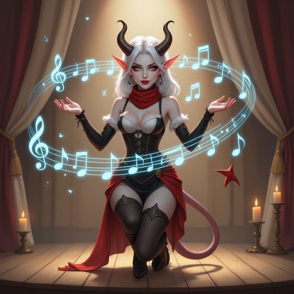 The image depicts a semi-realistic fantasy character performing on a softly lit stage. She’s a tiefling — a humanoid figure with small curved horns, pointed ears, and a slender tail tipped in dark red and black. Her skin is porcelain-pale, and her long silver-white hair flows past her shoulders beneath a black beret.  She wears a whimsical mime-inspired outfit: a sleeveless black and deep-red striped dress with suspenders, matching thigh-high stockings, and long gloves in the same pattern. A bright red neck scarf provides contrast, and her makeup exaggerates her expressive features — dark eyeshadow, vertical lines beneath her eyes, and small red lips parted in mid-song or gasp.  Around her, faint glowing blue musical notes spiral through the air, suggesting she’s singing or casting a magical performance. The background shows a wooden stage framed by ivory curtains and soft candlelight, giving the entire scene a theatrical, vintage cabaret atmosphere.  The overall mood blends elegance, whimsy, and a hint of melancholy — as if this performer’s music carries both laughter and longing.