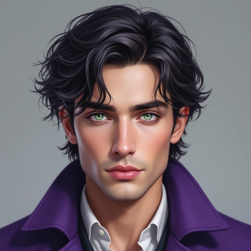Dark hair with greenish bluish eyes wears purple longcoat 