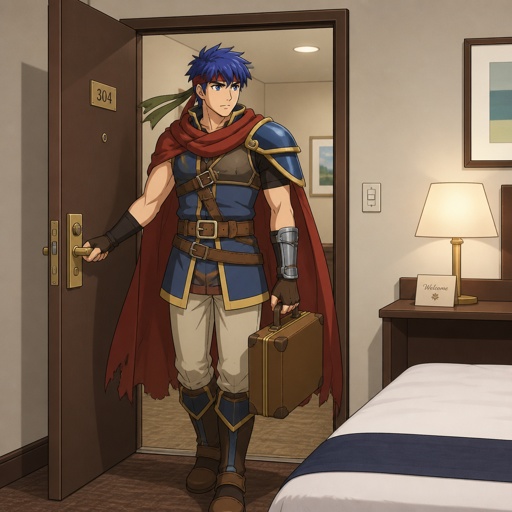ike from super smash bros, carrying a suitcase, going into hotel room