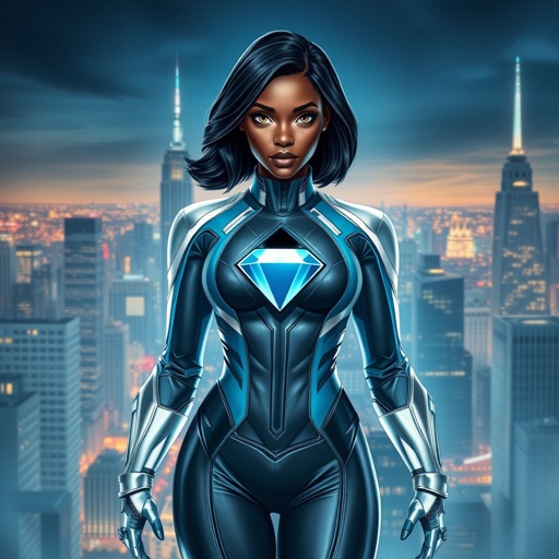 African American female superhero with hair in a shoulder length side part hairstyle with pure Glowing eyes wearing a leather light blue white and silver suit with light blue pants and silver boots and a silver diamond within a black hole as her chest emblem in Philadelphia