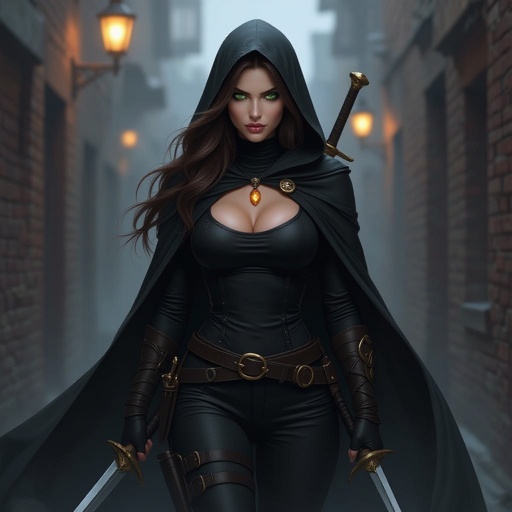 
A woman with long brown hair and light green eyes. She has bangs that cover one eye, an emo-style fringe that covers the entire eye. She has a chubby, round face. Pale skin. Delicate beauty. Thin lips. She is dressed in black pants and a black turtleneck. She wears a belt with a dagger. A long sword hangs on her back. In her hand, she holds a short sword. She wears a black cape and a large hood over her head. Around her neck, she wears a necklace with a shimmering amber. The woman looks menacing. A dark alley, a dark atmosphere. A few lights. Fog. Dark.

Breasts covered. Dark. Fog. Black.