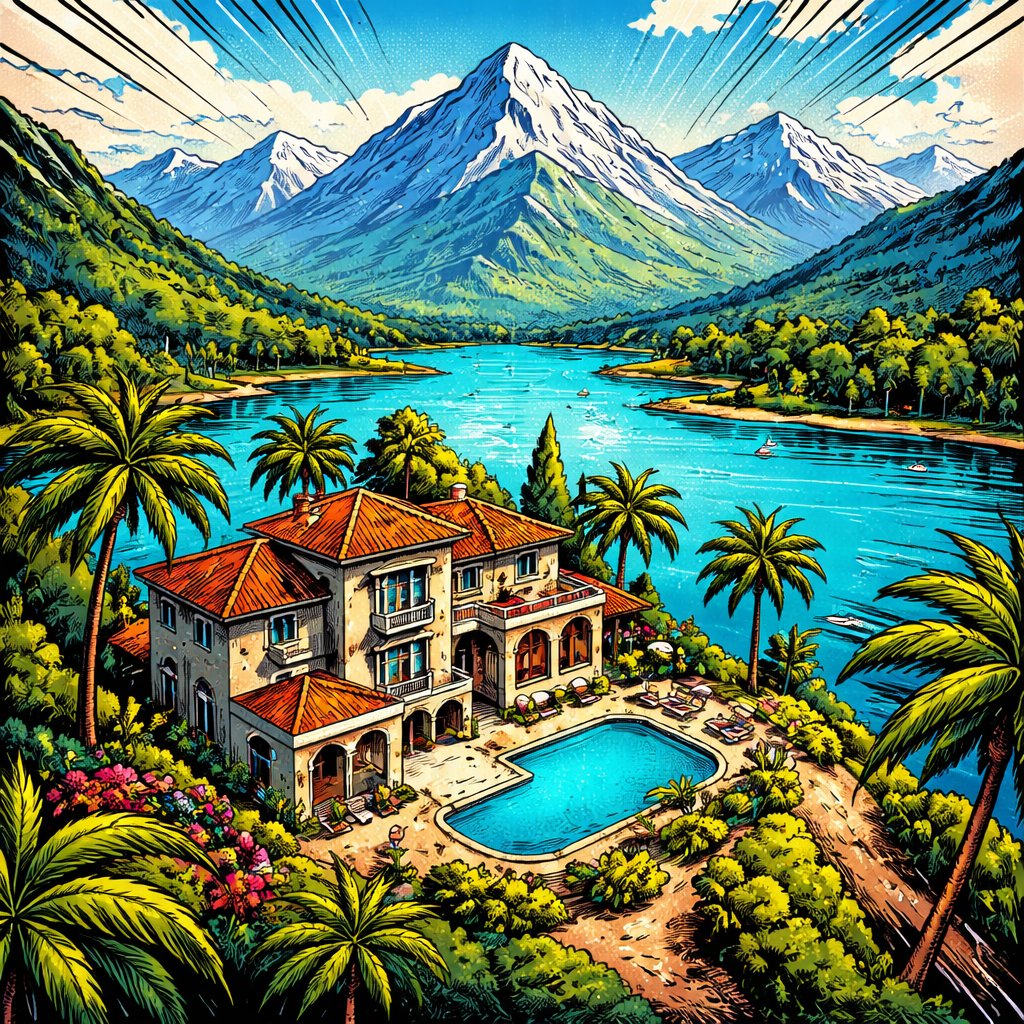 A villa is on a hilltop overlooking a beautiful lake and beyond the lake is forest and huge mountains around the villa are palm trees