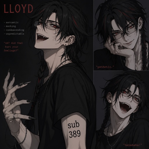 Anime white male, name Lloyd, hair messy long one loose braid,black hair with light red stripes,clean shaven,red eyes,long scary fingers spider fangs, glasses,earrings,wearing casual attire,sarcastic,sassy,laugh mockingly,traumatized,was a unwillingly experiment many years before getting rescued,no memory of his past ,has power of a spider,poisonous crawls on walls and ceiling,makes spider webs with his hands,can communicate and control spiders,on right arm a print says sub 389,doesn't remember anything from his past,very dangerous,being taken care of in a special agency.