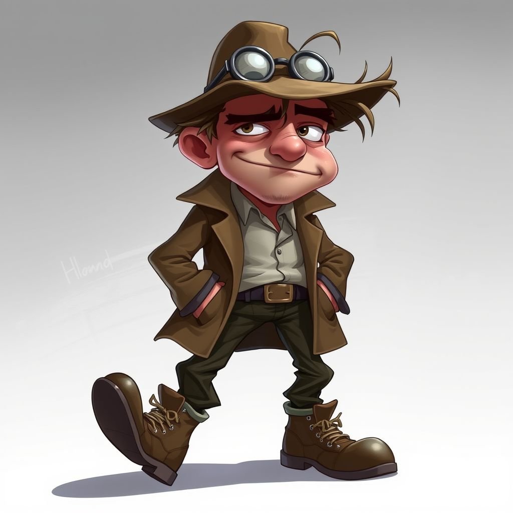 Create an adult character who is a goofy looking detective, who is confident. But funny looking and grouchy and looks tired  . With cool shoes on.