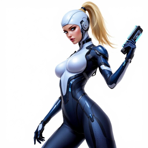 Full Body Mass Effect Babe wielding an Omni tool synthweave and Organza indigo amd white tight spy catsuit blonde ponytail