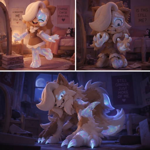 Ginger from Dandys world in her room enjoying her new Opalite legs and arms and face piece in one scene and the middle one she’s half Opalite werewolf and she’s scared and the last one she’s fully transformed 