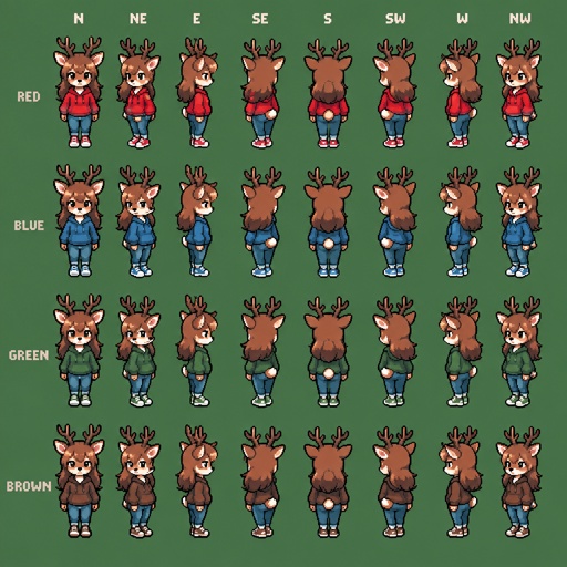 Female Animal deer for a fantasy game set in modern times, top-down style, 360, different colors