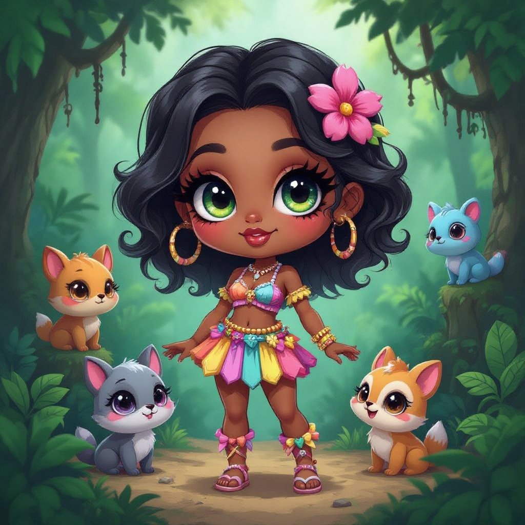 Create a chibi character lady who lives in the jungle, make her kinda dark skin